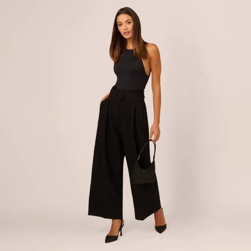 Adrianna Papell Women's Wide Leg Culotte Belted Size 10 Solid Black